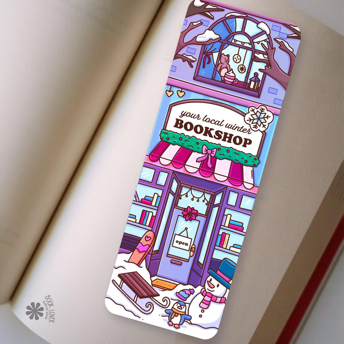 Winter Snowy Bookshop bookmark, double sided, view 2