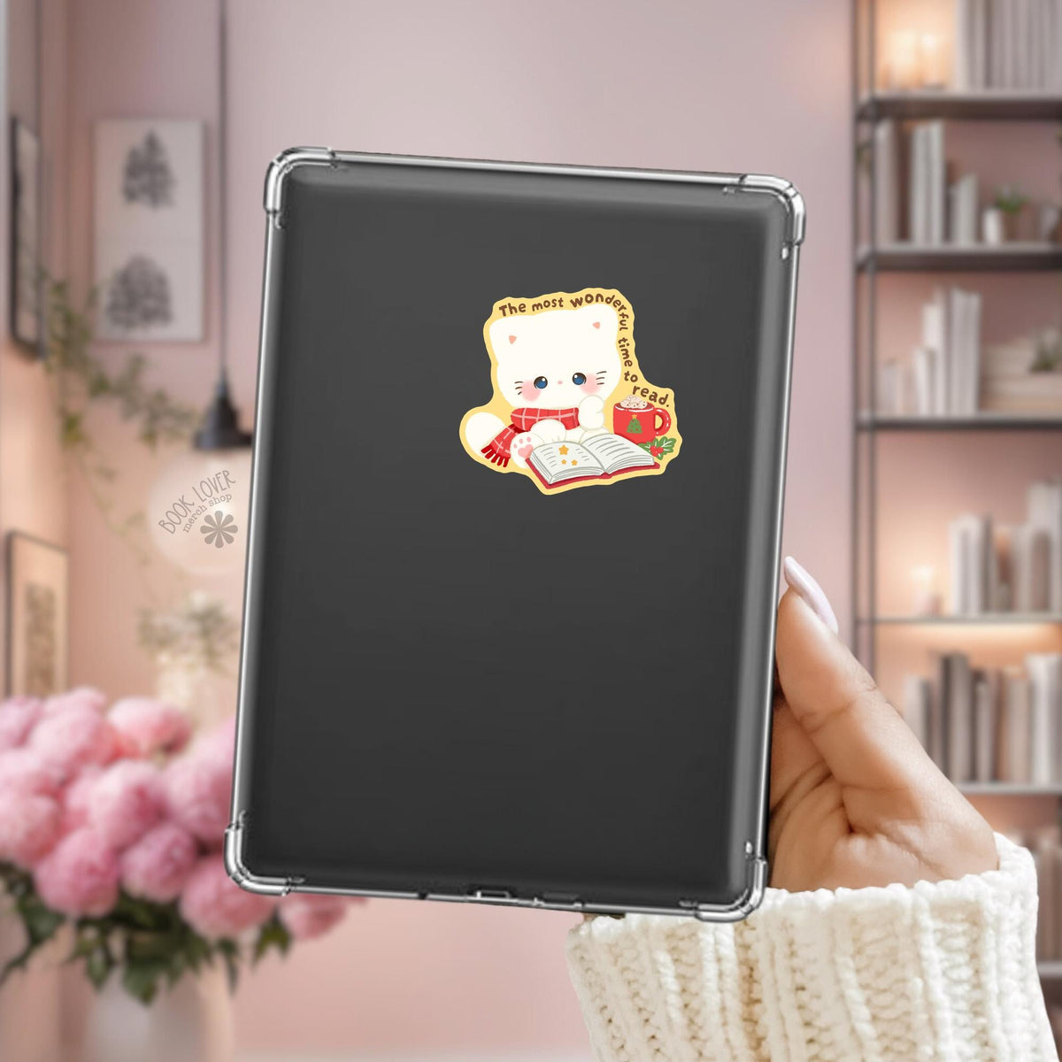 Christmas Kitten Cocoa Kindle sticker on desk, bookish decal