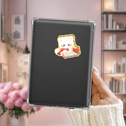 Christmas Kitten Cocoa Kindle sticker on desk, bookish decal