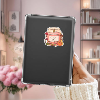 Autumn candle bear Kindle sticker on desk, bookish autumn decal