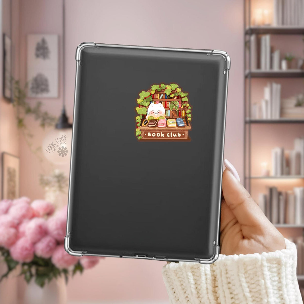 Book Club Kindle sticker on desk, bookish decal