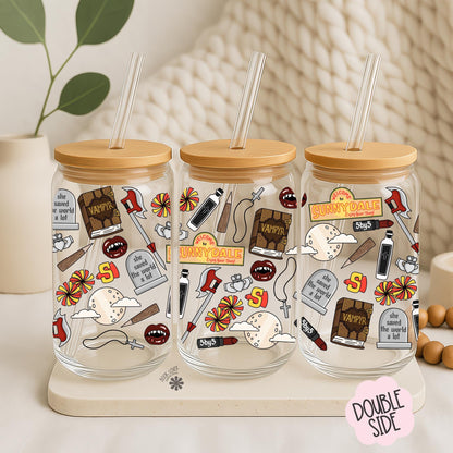 Buffy 16 OZ Glass Can With Lid and Straw / Bookish Mug / Book Lover Gift / Bookish Vampire Merch Stickers / UV Dtf Libbey Wrap Transfert