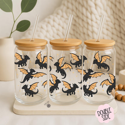 Black Dragons 16 OZ Glass Can With Lid and Straw / Bookish Mug / Fantasy Book Lover Gift / Bookish Merch / UV Dtf Libbey Wrap Transfert