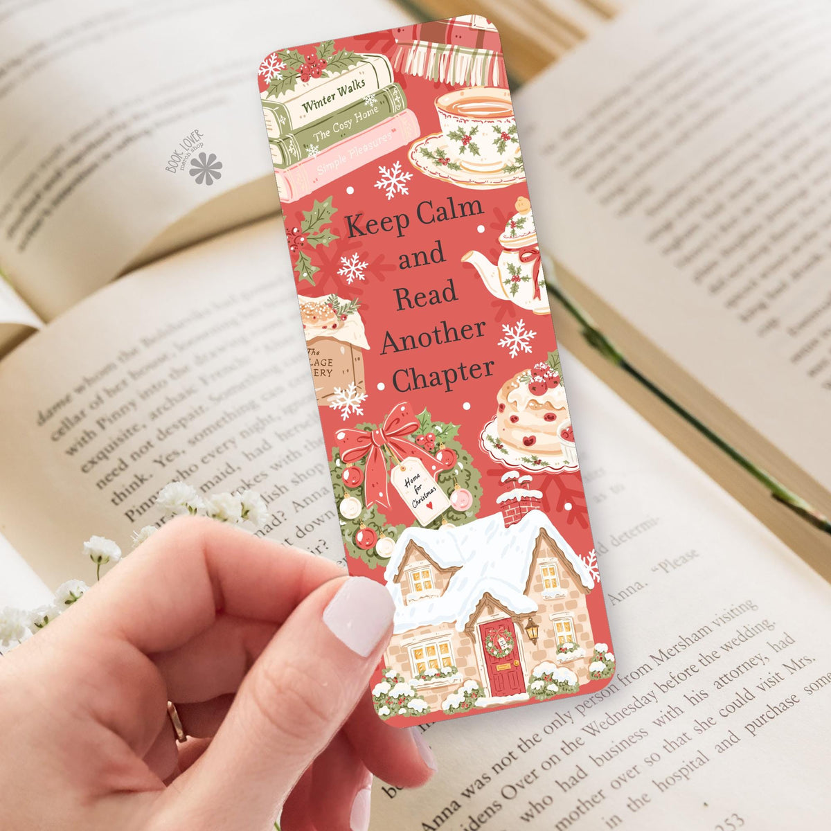 Christmas Cottage Tea bookmark, double sided cardstock, reader gift