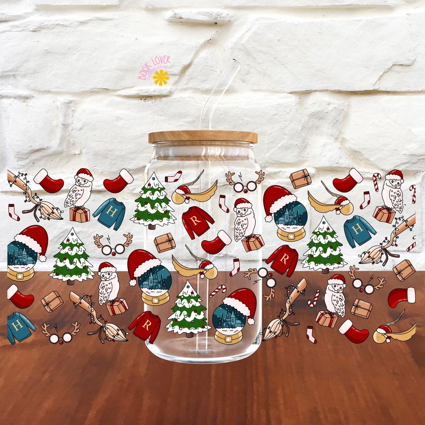 Magic Christmas 16 OZ Glass Can With Lid and Straw / Bookish Mug / Book Lover Gift / Bookish Merch Stickers / UV Dtf Libbey Wrap Transfert