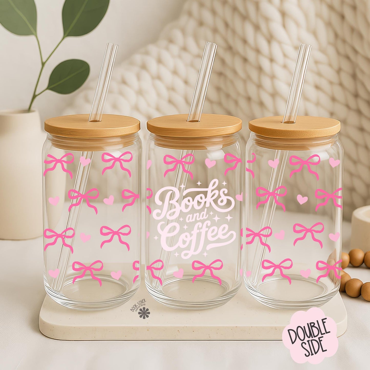 Books and Coffee 16 OZ Glass Can With Lid and Straw / Pink Bookish Mug / Book Lover Gift / Bookish Merch / UV Dtf Libbey Wrap Transfert