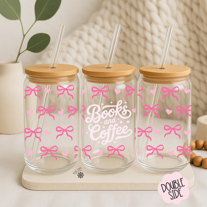 Books and Coffee 16 OZ Glass Can With Lid and Straw / Pink Bookish Mug / Book Lover Gift / Bookish Merch / UV Dtf Libbey Wrap Transfert