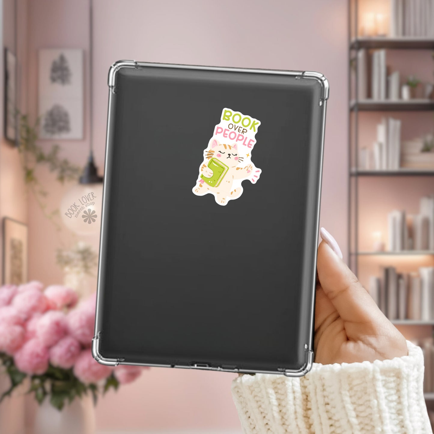 Book over People sticker on Kindle – bookish introvert vinyl decal