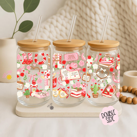 Cowboy Romance Book Club 16 OZ Glass Can With Lid and Straw / Book Lover Gift / Bookish Merch Stickers / UV Dtf Libbey Wrap Transfert