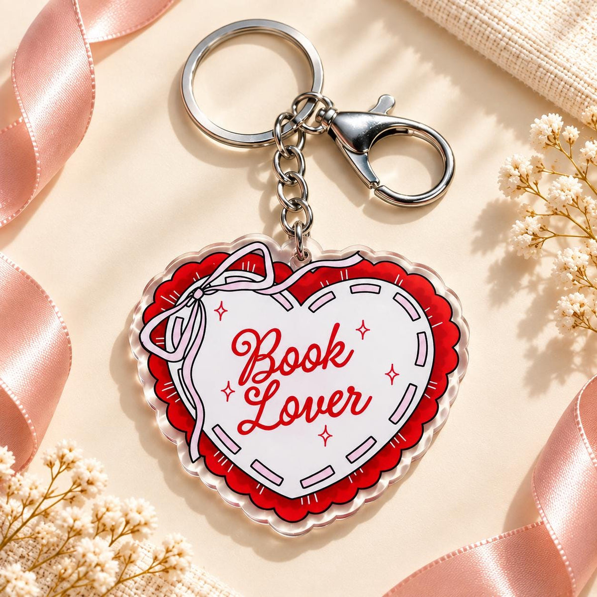 Book Lover Scalloped Heart acrylic keychain, bookish bag charm