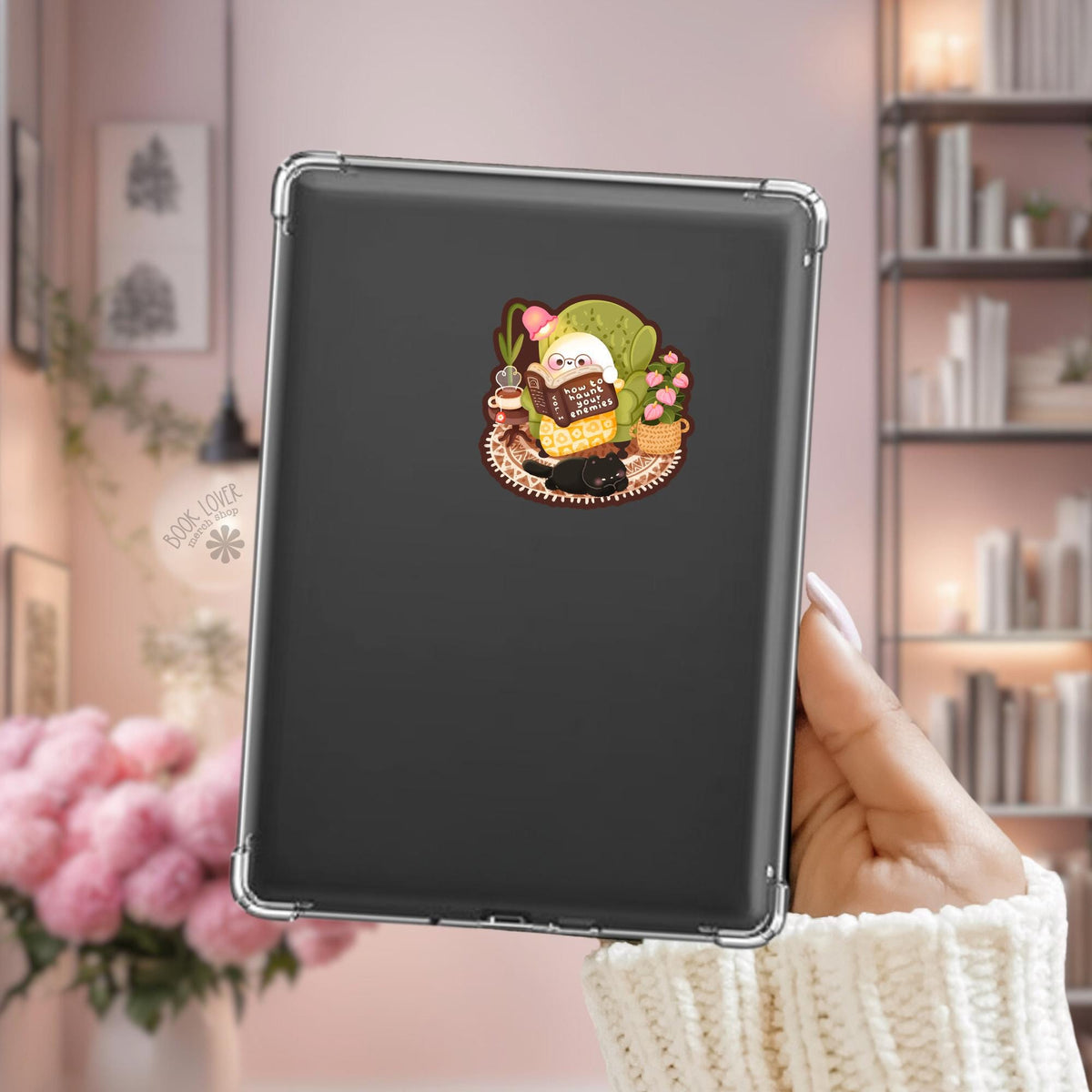 Ghost With Glasses Kindle sticker on desk, bookish decal