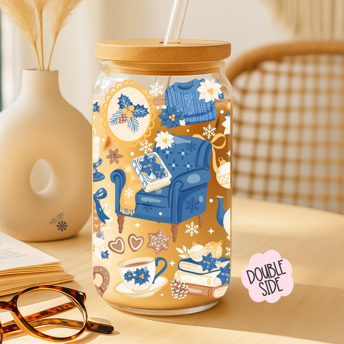 Frosted library 16 oz glass can with lid and straw, bookish gift