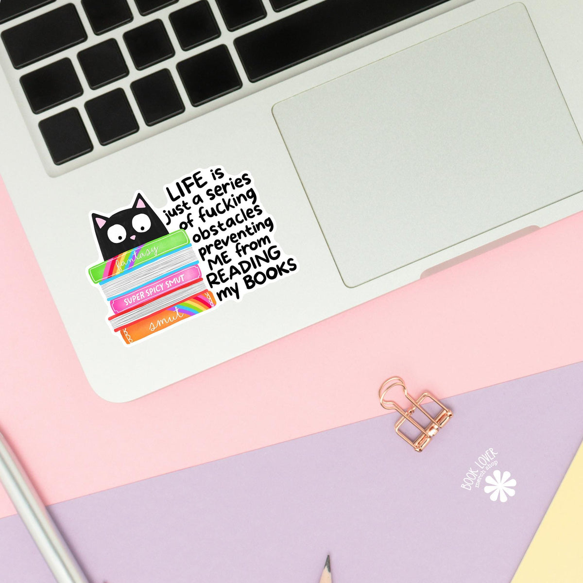 Black Cat Book Stack Quote sticker close up, matte finish, book lover vinyl decal