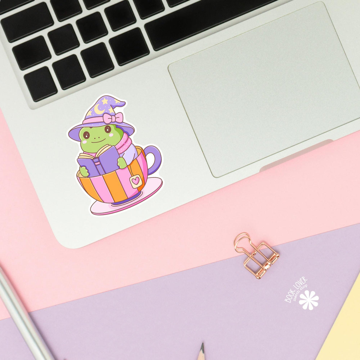 Witchy frog teacup vinyl sticker, bookish decal for readers