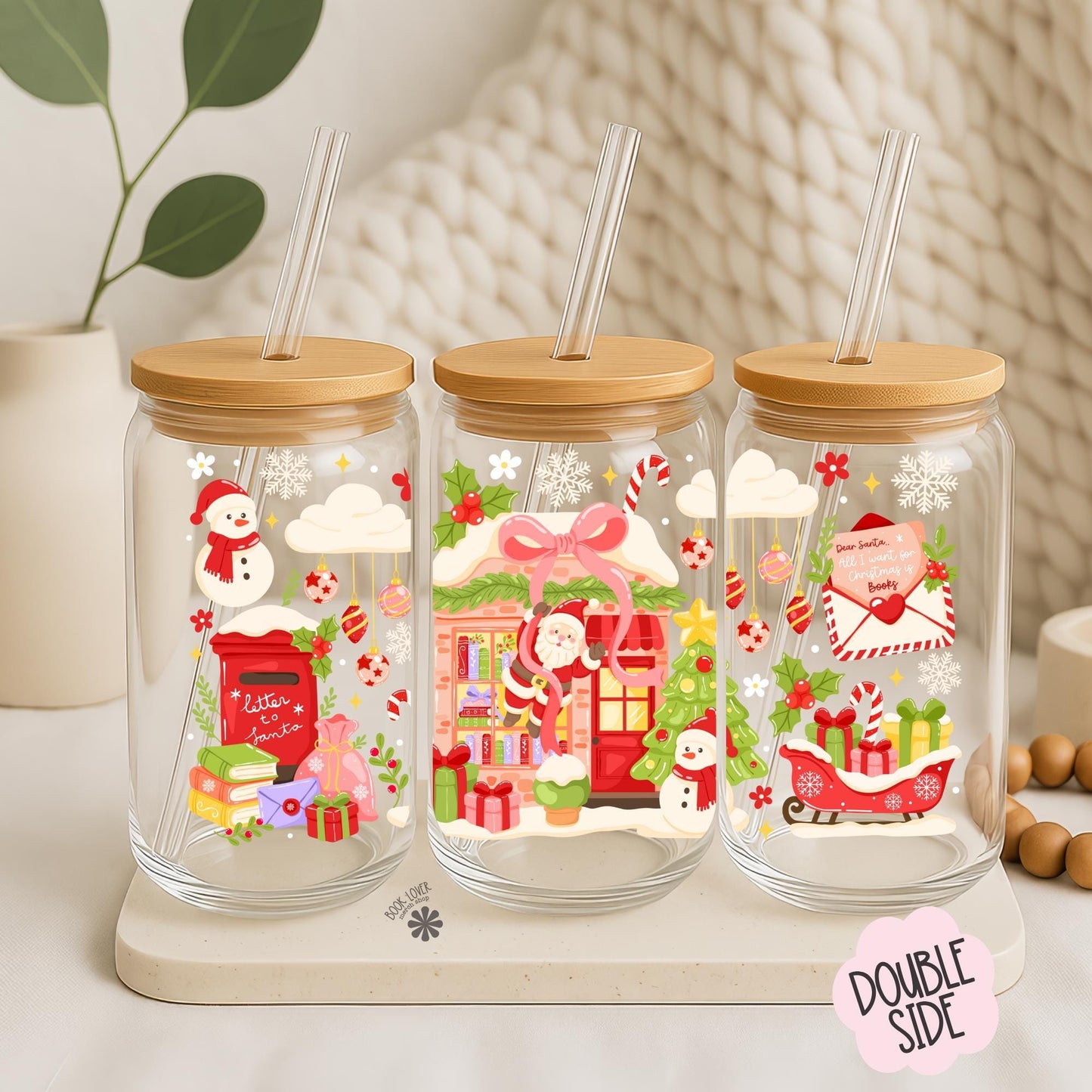 Christmas Bookstore 16oz Glass Can With Lid and Straw / Bookish Mug / Book Lover Gift / Bookish Stickers / UV Dtf Libbey Wrap Transfert