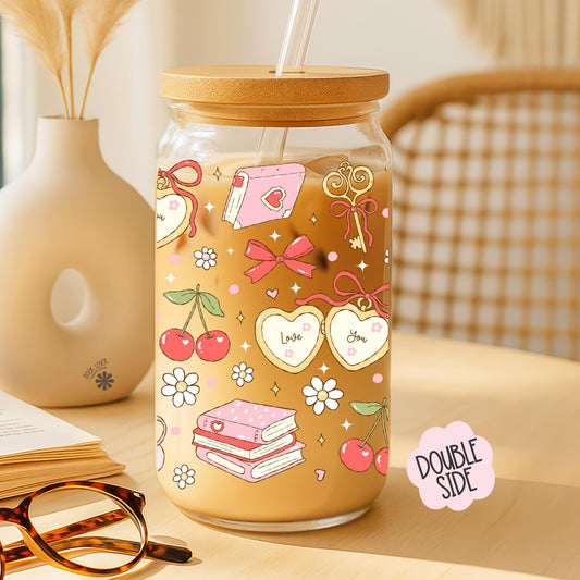 Coquette Bookish 16 OZ Glass Can With Lid and Straw / Bookish Mug / Book Lover Gift / Bookish Merch Stickers / UV Dtf Libbey Wrap Transfert