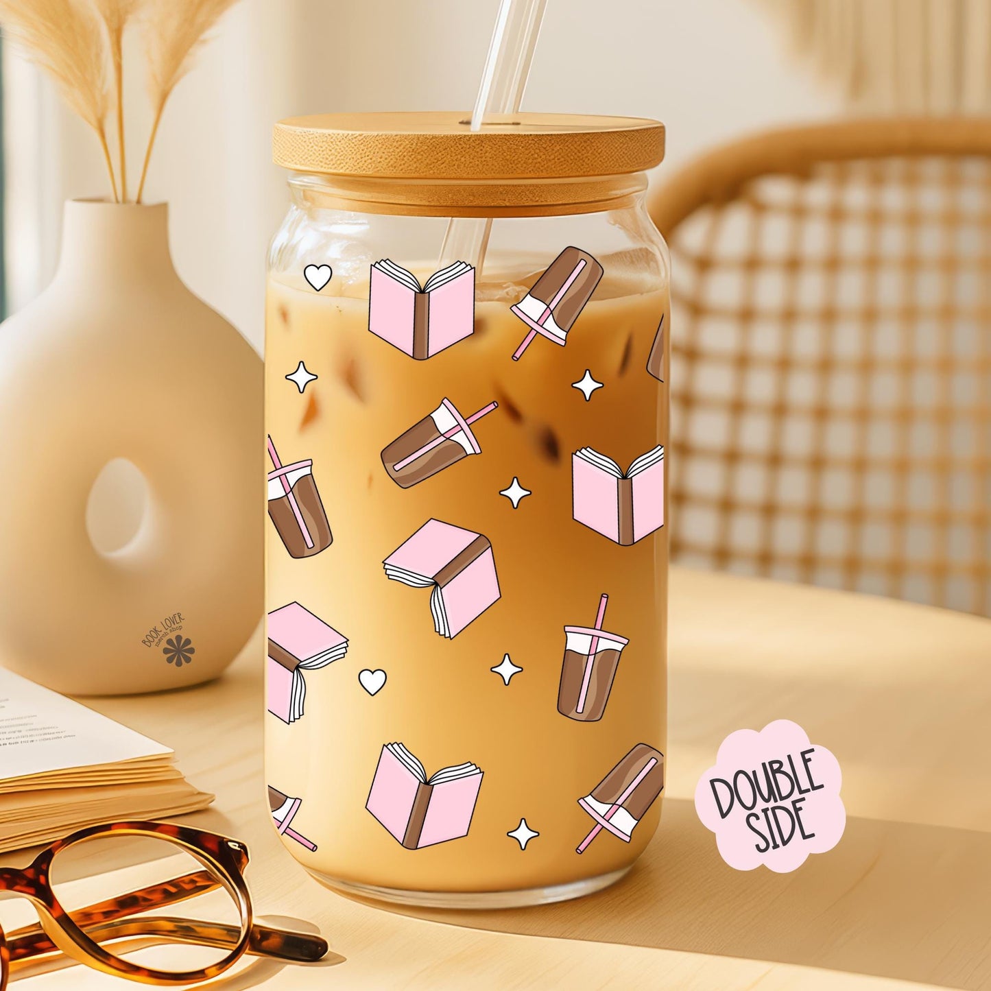 Coffee and Books 16 OZ Glass Can With Lid and Straw / Bookish Mug / Book Lover Gift / Bookish Merch / UV Dtf Libbey Wrap Transfert