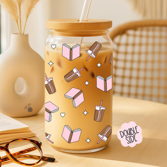 Coffee and Books 16 OZ Glass Can With Lid and Straw / Bookish Mug / Book Lover Gift / Bookish Merch / UV Dtf Libbey Wrap Transfert