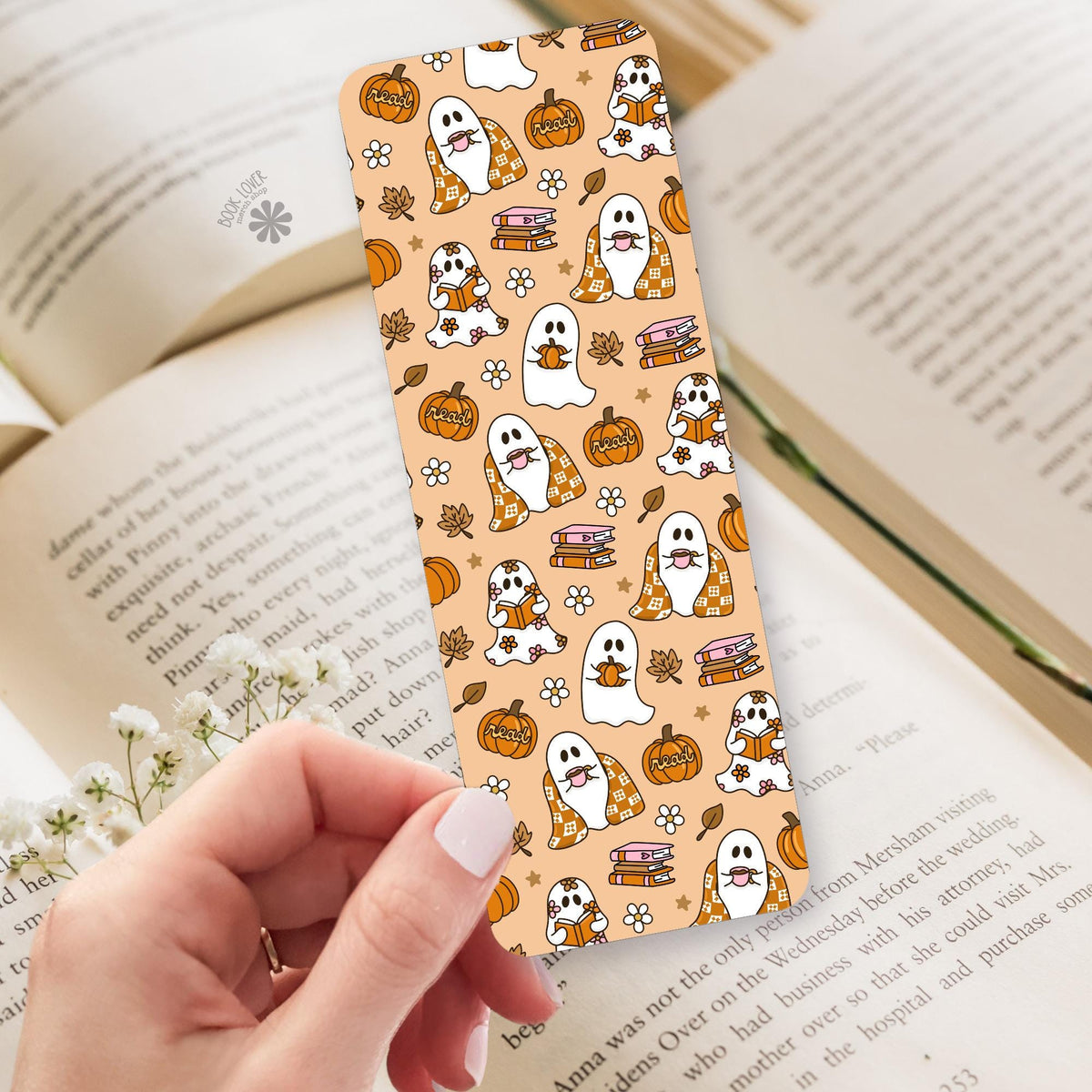 Cozy Ghost bookmark, double sided page marker, spooky season gift