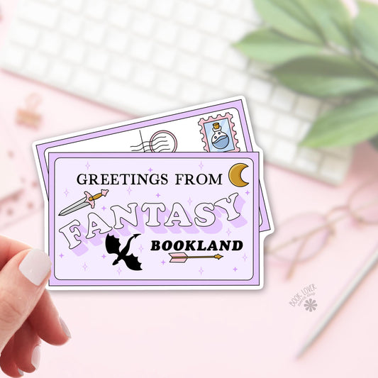 Fantasy bookland postcard bookish sticker, vinyl die cut, fantasy readers who travel by page gift