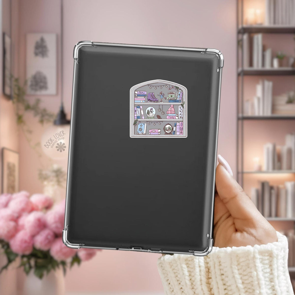 Snow Globe Skater Kindle sticker on desk, bookish decal