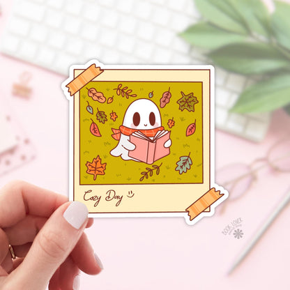 Cozy Day Stickers / Ghost Reading / Bookish Stickers / Book Lover Gift / Bookish Merch / Kindle Sticker / Fall / Reading Lover