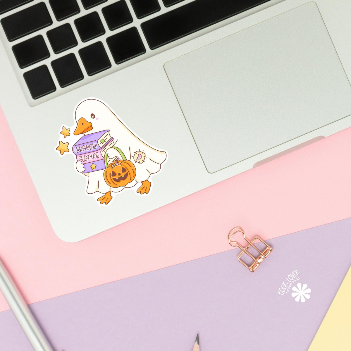 Ghost Goose Halloween sticker close up, matte finish, book lover vinyl decal