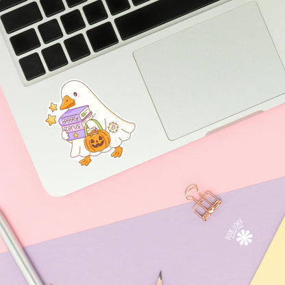 Ghost Goose Halloween sticker close up, matte finish, book lover vinyl decal