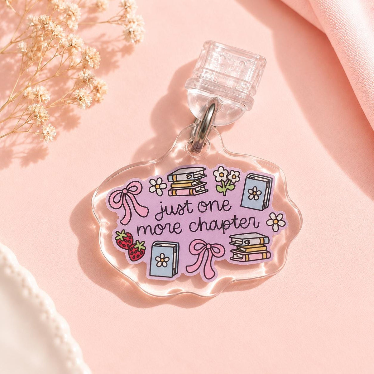Just One More Chapter USB C dust plug, Kindle charm