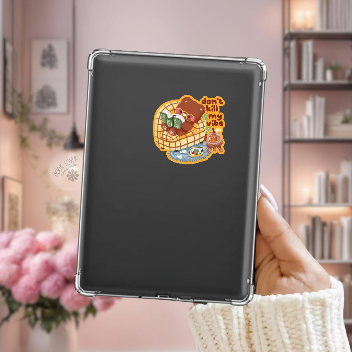 Cozy Bear Kindle sticker on desk, bookish decal