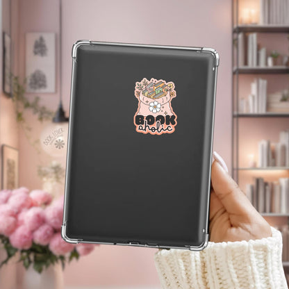 Bookaholic Flower Sack Kindle sticker on desk, bookish decal