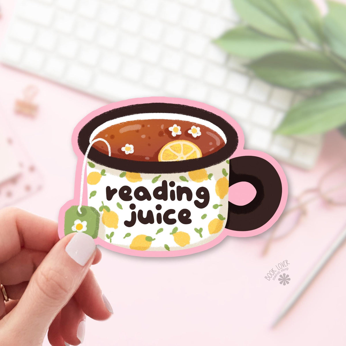 Lemon Teacup bookish sticker, vinyl die cut, cozy reader gift