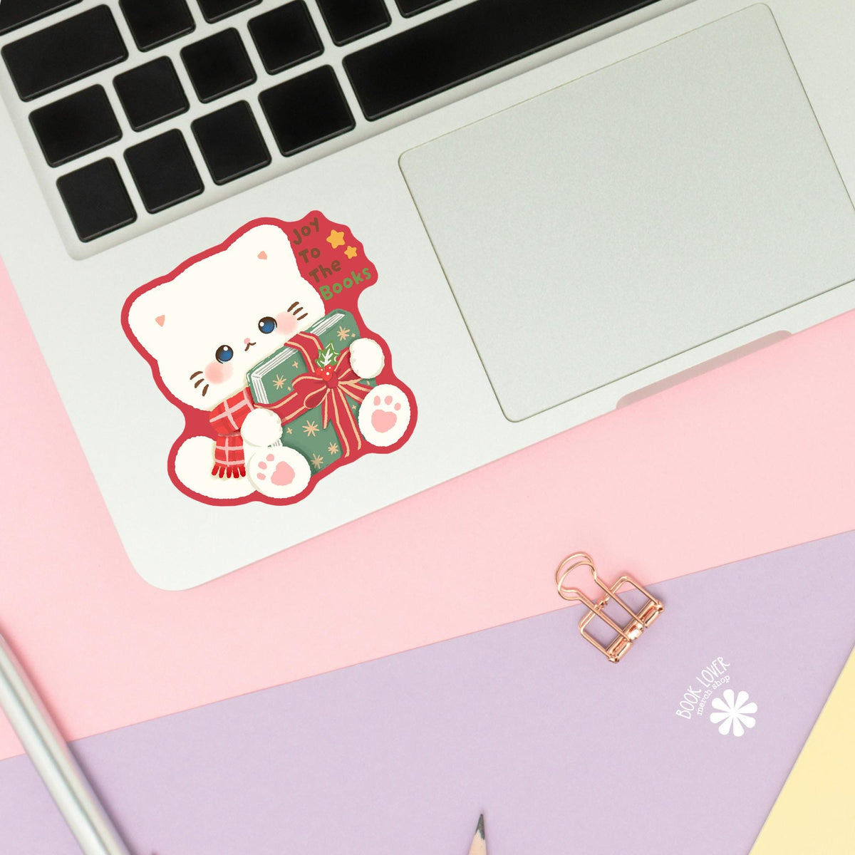 Gift Wrapped Book sticker close up, matte finish, book lover vinyl decal