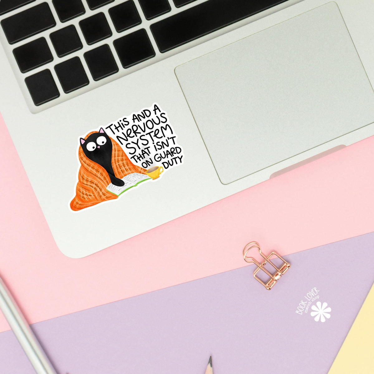 Black Cat Tea and Book sticker close up, matte finish, book lover vinyl decal