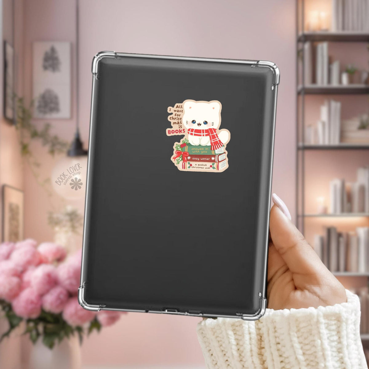 Holly Bow Cat Kindle sticker on desk, bookish decal