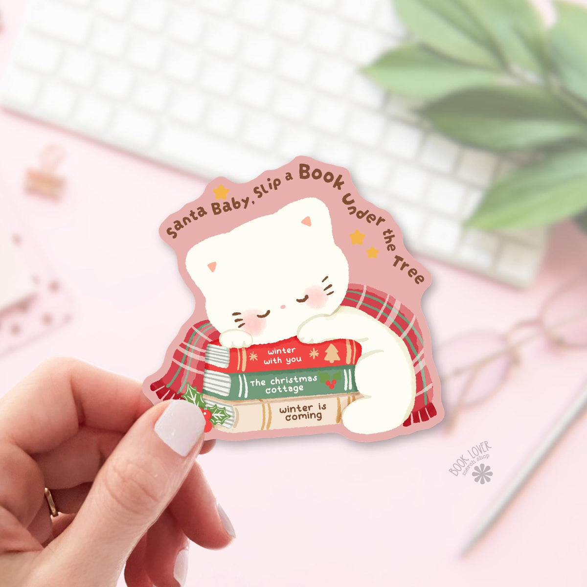 Sleepy Kitten Christmas bookish sticker, vinyl die cut, cat nap reader gift