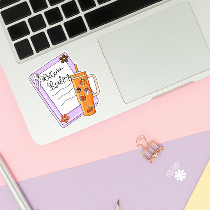 Autumn reading Kindle sticker close up, matte finish, book lover vinyl decal