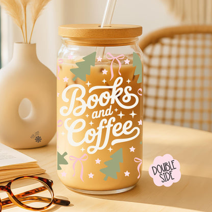 Christmas Books and Coffee 16 OZ Glass Can With Lid and Straw / Bookish Mug Stickers / Book Lover Gift / / UV Dtf Libbey Wrap Transfert