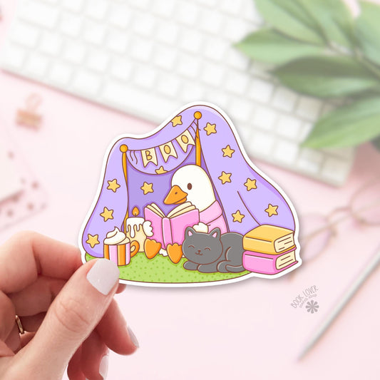 Blanket fort goose bookish sticker, vinyl die cut, readers who build a fort to finish a book gift