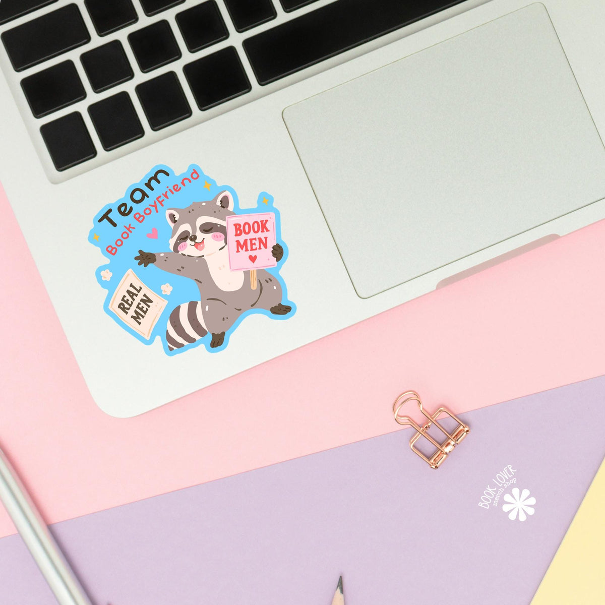 Team Book Boyfriend Raccoon sticker close up, matte finish, book lover vinyl decal