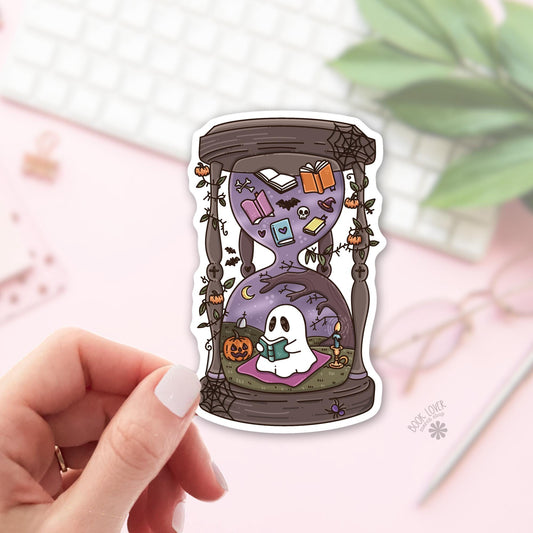 Halloween Hourglass Sticker / Spooky Bookish Sticker / Ghost Reading / Spooky Reader Gift / Cute Halloween Books / Bookish Ghost / Kindle