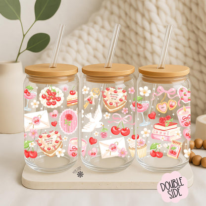 Bookish Valentine 16 OZ Glass Can With Lid and Straw / Romance Bookish Merch Stickers / Book Lover Gift / UV Dtf Libbey Wrap Transfert