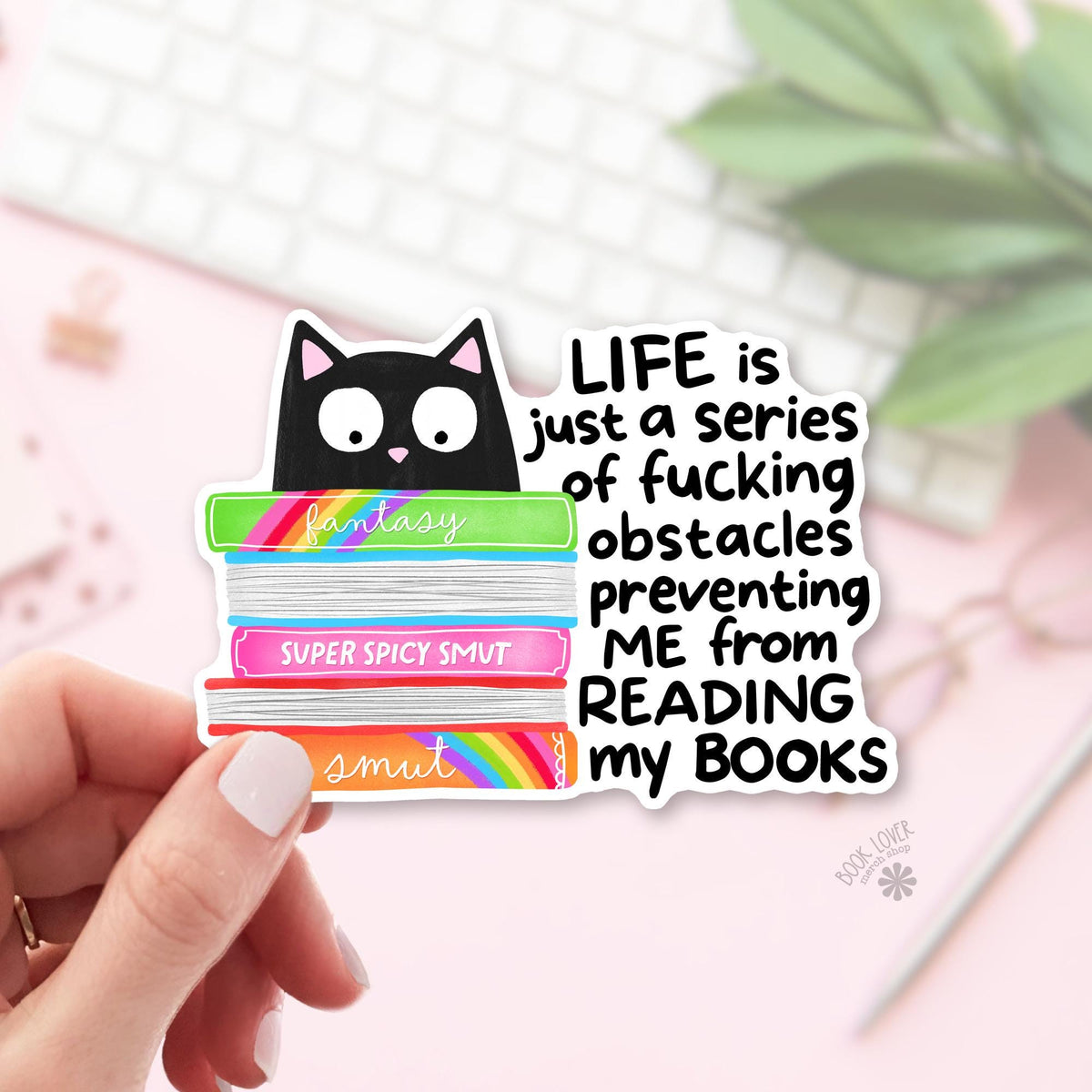 Black Cat Book Stack Quote bookish sticker, vinyl die cut, busy reader gift