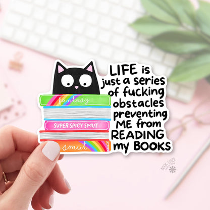 Black Cat Book Stack Quote bookish sticker, vinyl die cut, busy reader gift