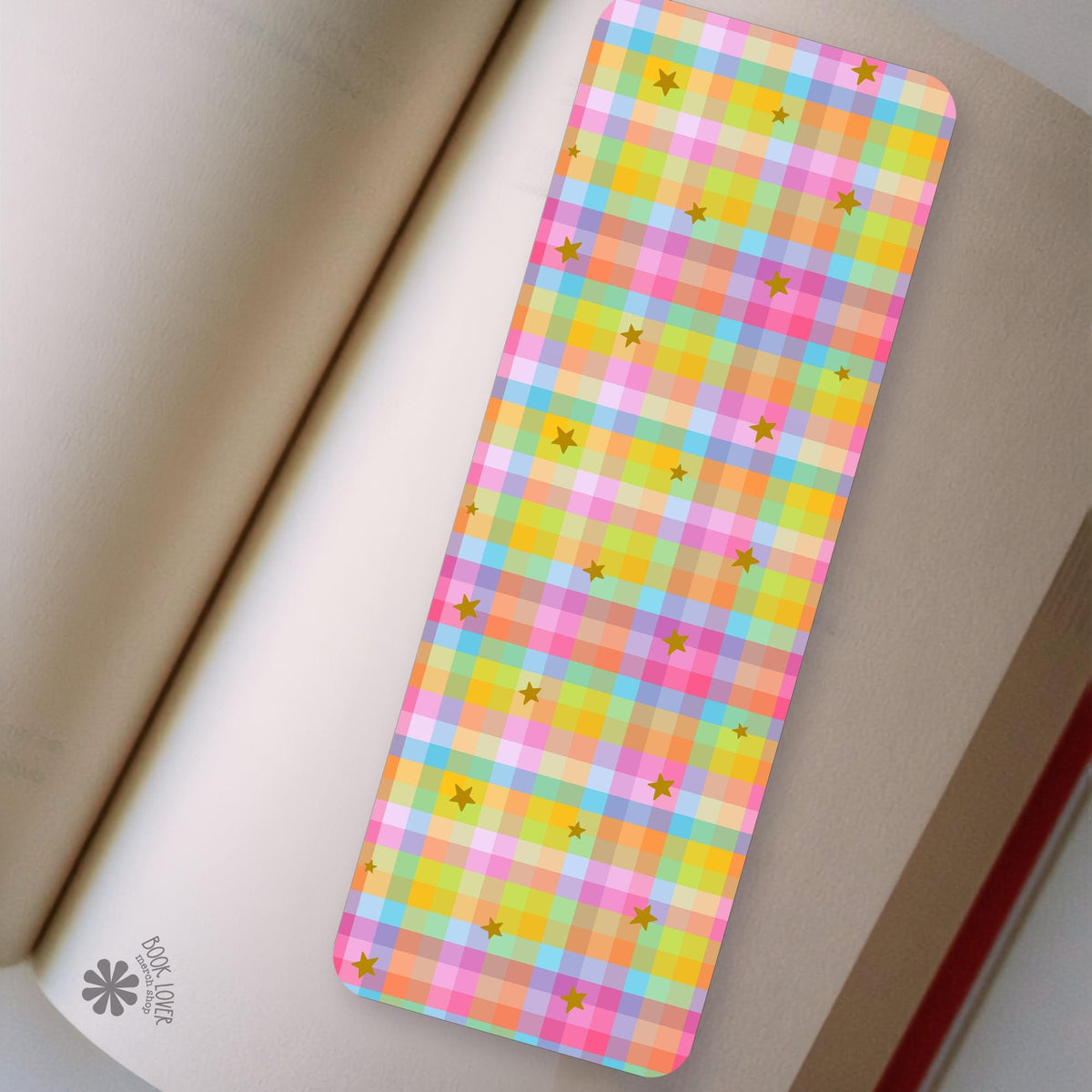 Rainbow Plaid Gingham bookmark front and back, cardstock page marker