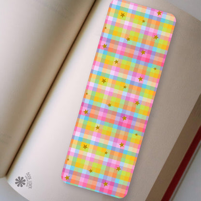 Rainbow Plaid Gingham bookmark front and back, cardstock page marker