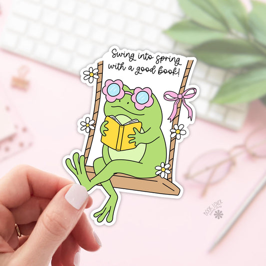 Swing Into Spring With A Good Book Stickers / Bookish Frog Stickers / Book Lover Gift / Bookish Merch / Kindle Sticker / Reading Lover
