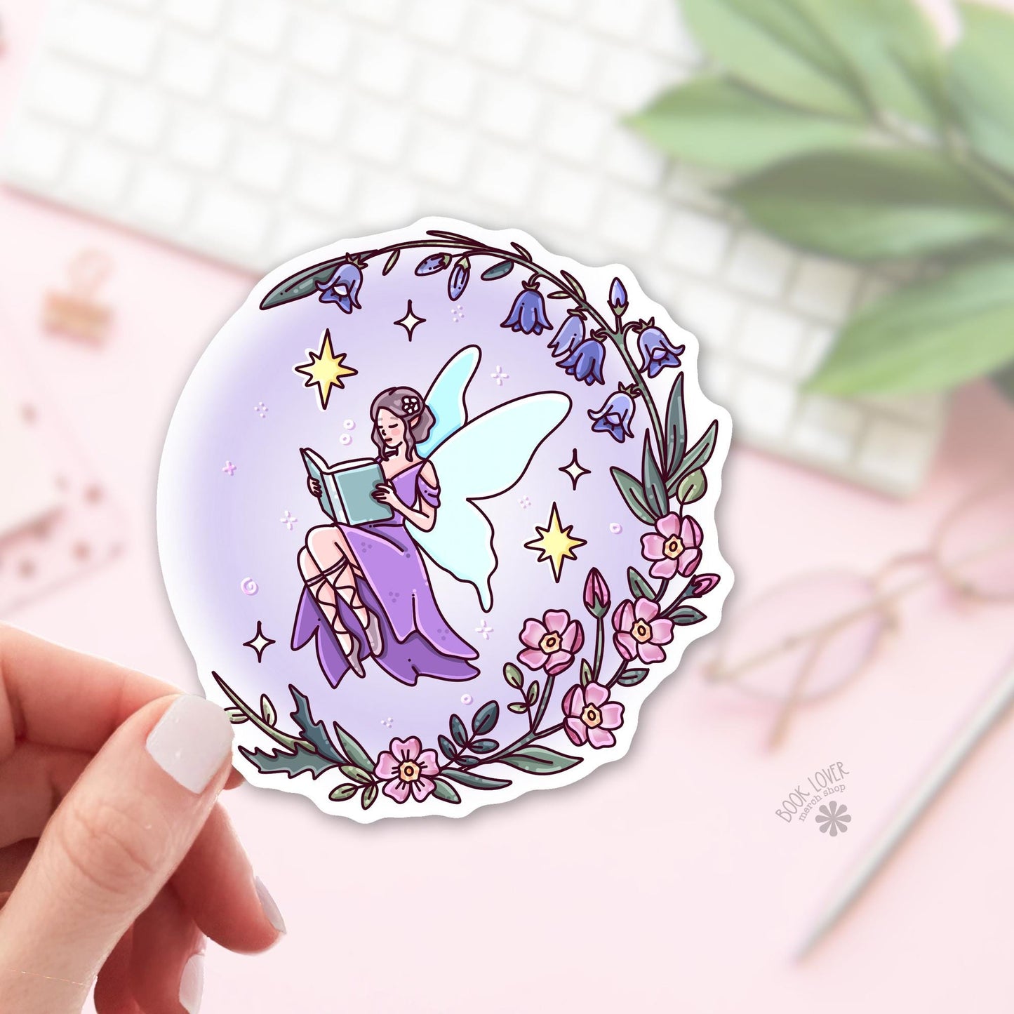Reading Fairy Sticker / Purple Celestial Fairycore / Moon Fairy / Bookish Fairy / Fantasy Reader Gift / Lavender Aesthetic / Kindle Decal