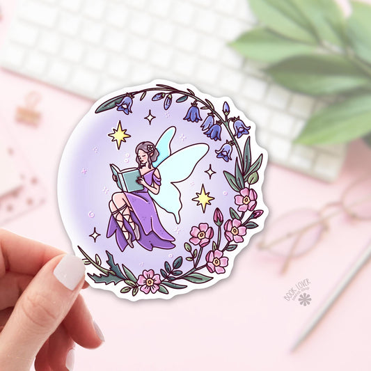 Reading Fairy Sticker / Purple Celestial Fairycore / Moon Fairy / Bookish Fairy / Fantasy Reader Gift / Lavender Aesthetic / Kindle Decal