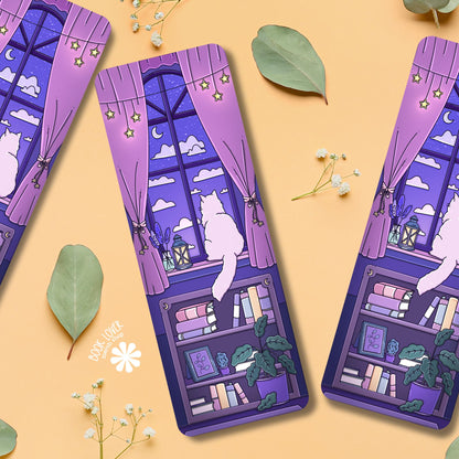 Three purple cat bookmarks with white cat and bookshelf design